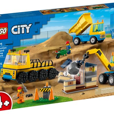 Camion Da Cantiere E Gru Con Palla Da Demolizione